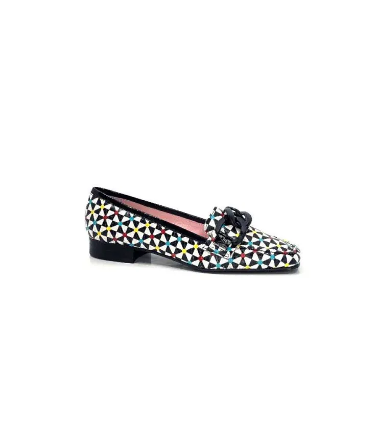 Dansi 5344 Cuir Imprime Blanc Noir Multi*Femme Mocassins