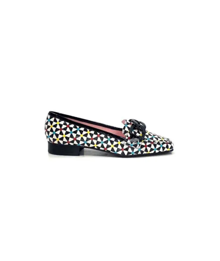 Dansi 5344 Cuir Imprime Blanc Noir Multi*Femme Mocassins