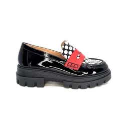 Dansi 5782 Cuir Vernis Noir Imprime Blanc*Femme Mocassins