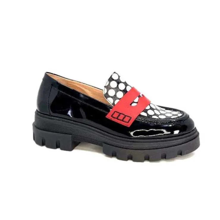 Dansi 5782 Cuir Vernis Noir Imprime Blanc*Femme Mocassins