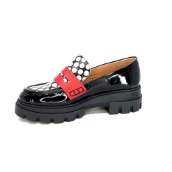Dansi 5782 Cuir Vernis Noir Imprime Blanc*Femme Mocassins