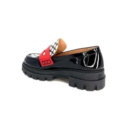 Dansi 5782 Cuir Vernis Noir Imprime Blanc*Femme Mocassins
