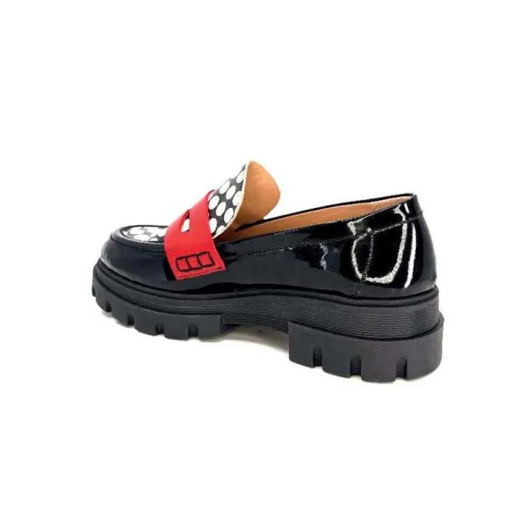 Dansi 5782 Cuir Vernis Noir Imprime Blanc*Femme Mocassins