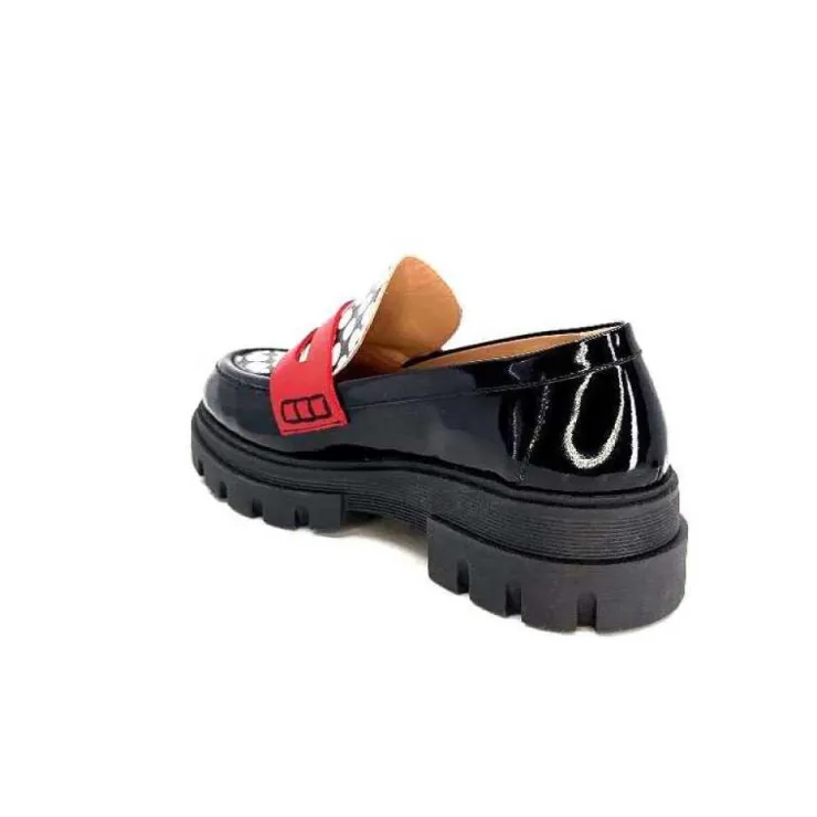 Dansi 5782 Cuir Vernis Noir Imprime Blanc*Femme Mocassins