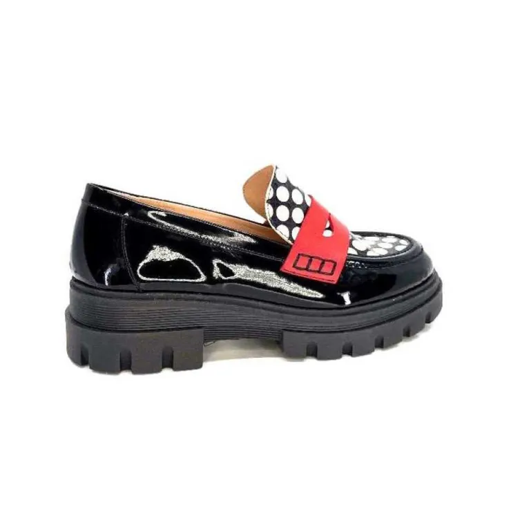 Dansi 5782 Cuir Vernis Noir Imprime Blanc*Femme Mocassins