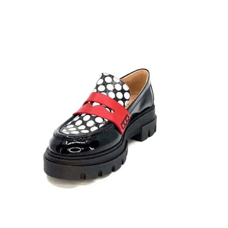 Dansi 5782 Cuir Vernis Noir Imprime Blanc*Femme Mocassins