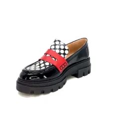 Dansi 5782 Cuir Vernis Noir Imprime Blanc*Femme Mocassins