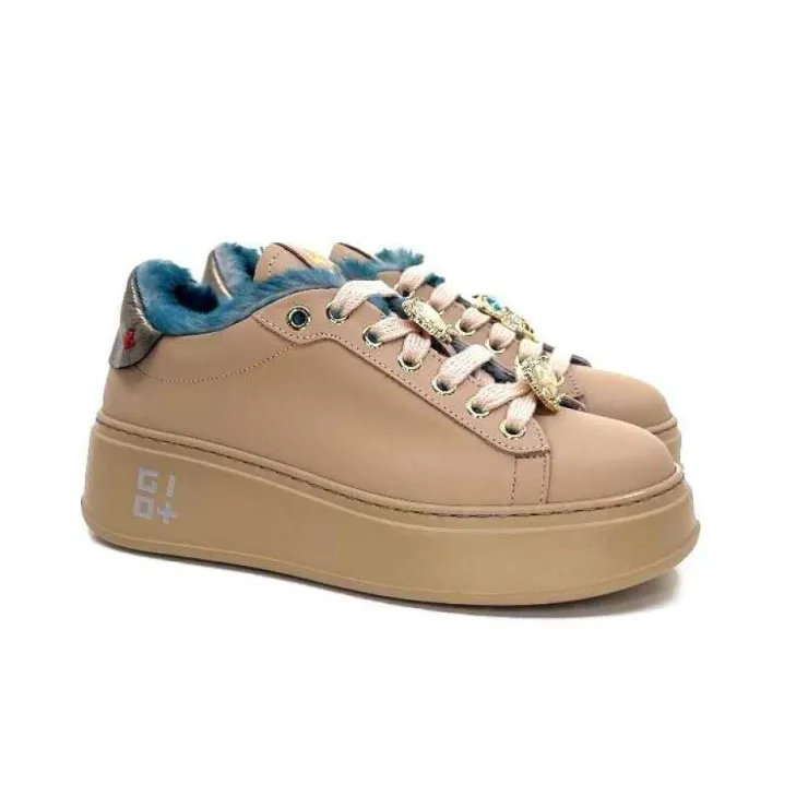 GioPiu Pia 82 Cuir Nude Fourrure Turquoise*Femme Baskets