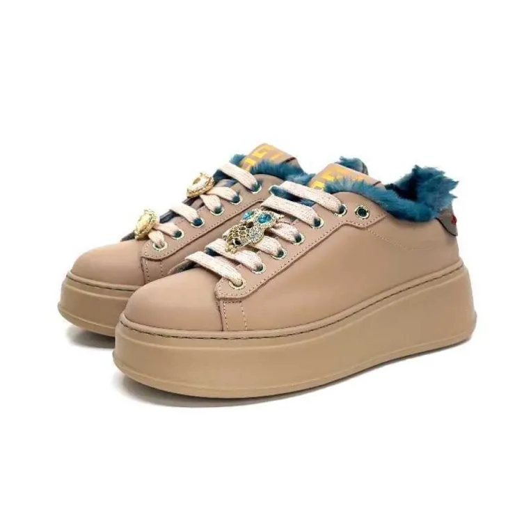 GioPiu Pia 82 Cuir Nude Fourrure Turquoise*Femme Baskets