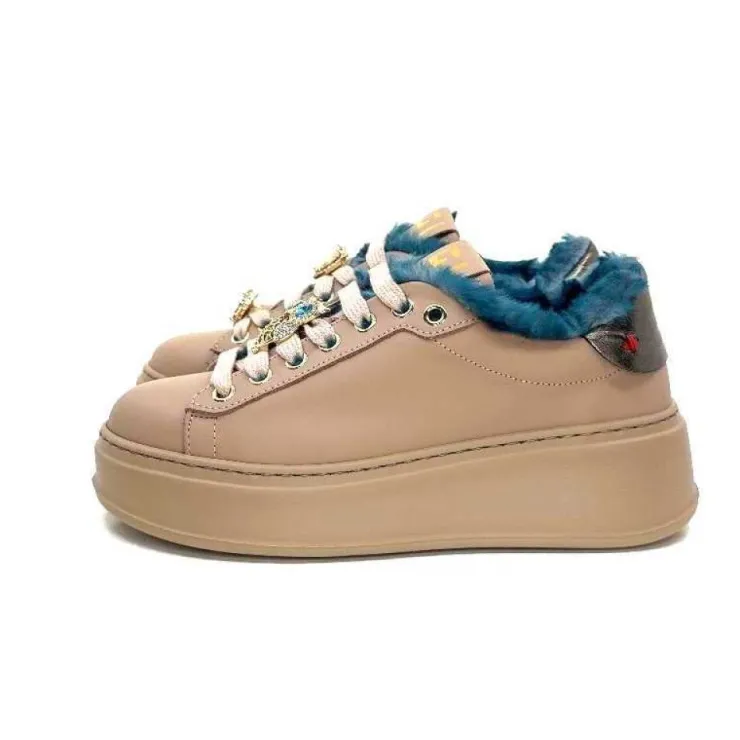 GioPiu Pia 82 Cuir Nude Fourrure Turquoise*Femme Baskets