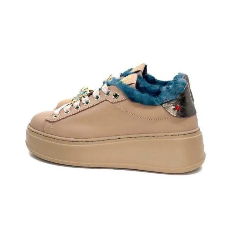 GioPiu Pia 82 Cuir Nude Fourrure Turquoise*Femme Baskets