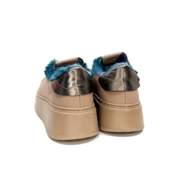 GioPiu Pia 82 Cuir Nude Fourrure Turquoise*Femme Baskets