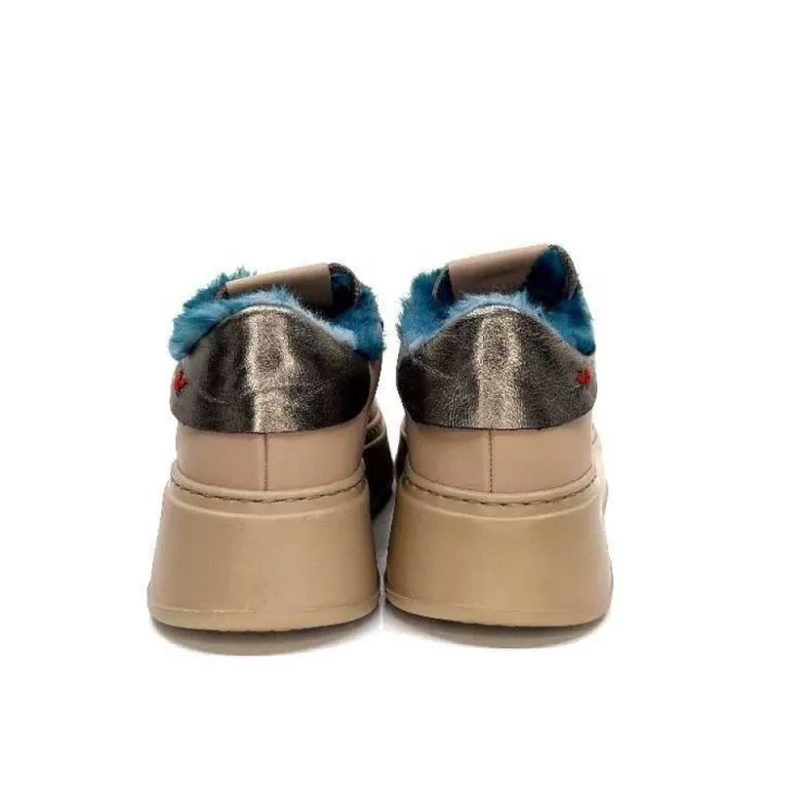 GioPiu Pia 82 Cuir Nude Fourrure Turquoise*Femme Baskets