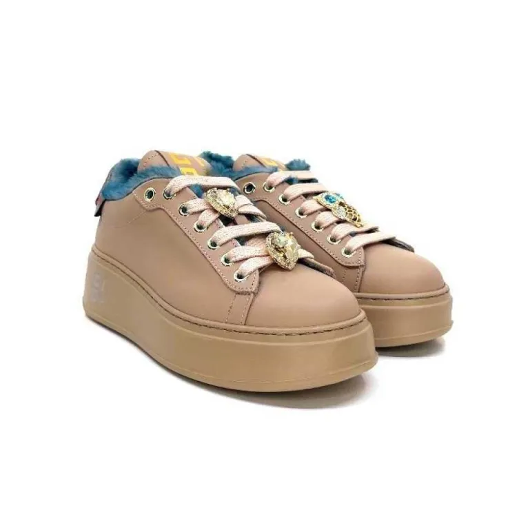 GioPiu Pia 82 Cuir Nude Fourrure Turquoise*Femme Baskets
