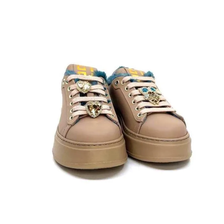GioPiu Pia 82 Cuir Nude Fourrure Turquoise*Femme Baskets