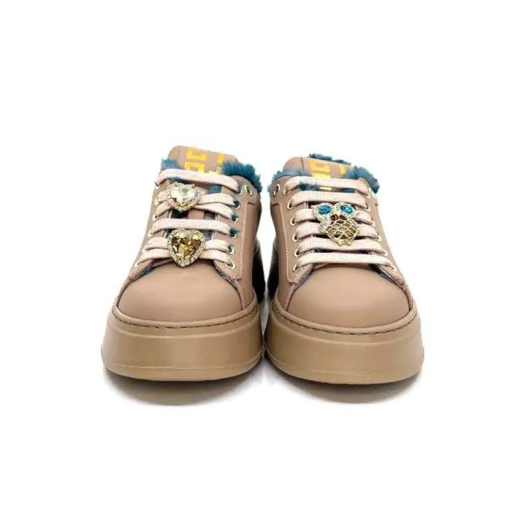 GioPiu Pia 82 Cuir Nude Fourrure Turquoise*Femme Baskets