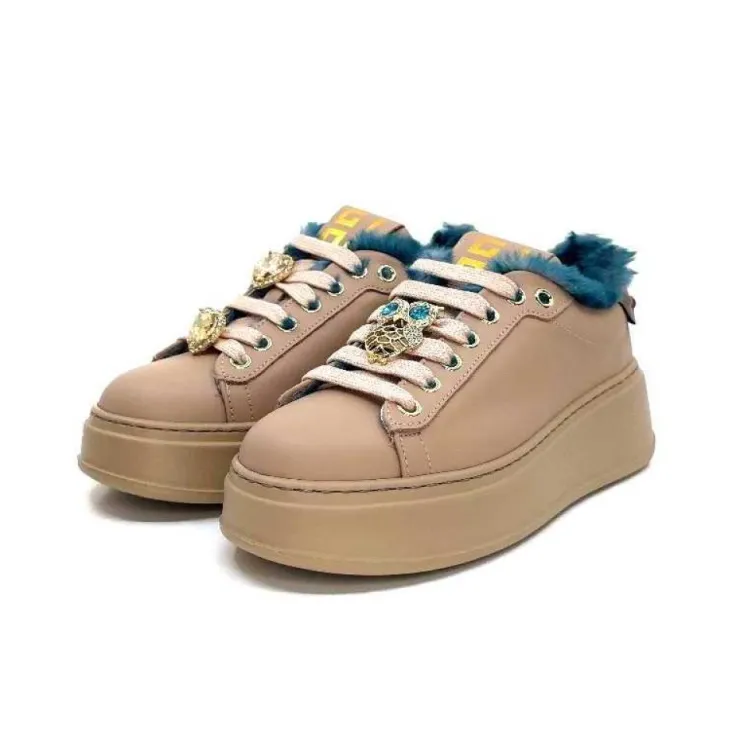 GioPiu Pia 82 Cuir Nude Fourrure Turquoise*Femme Baskets