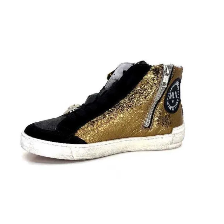 Méliné Meline Nkc 1151 Cuir Dore Et Daim Noir*Femme Baskets