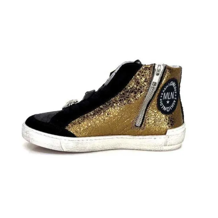 Méliné Meline Nkc 1151 Cuir Dore Et Daim Noir*Femme Baskets
