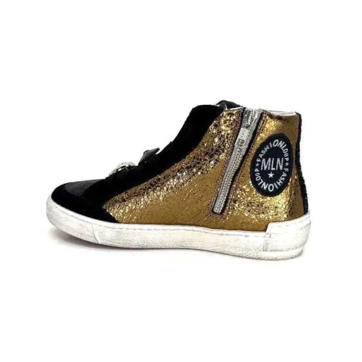Méliné Meline Nkc 1151 Cuir Dore Et Daim Noir*Femme Baskets