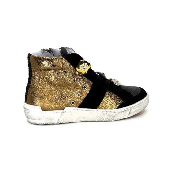 Méliné Meline Nkc 1151 Cuir Dore Et Daim Noir*Femme Baskets
