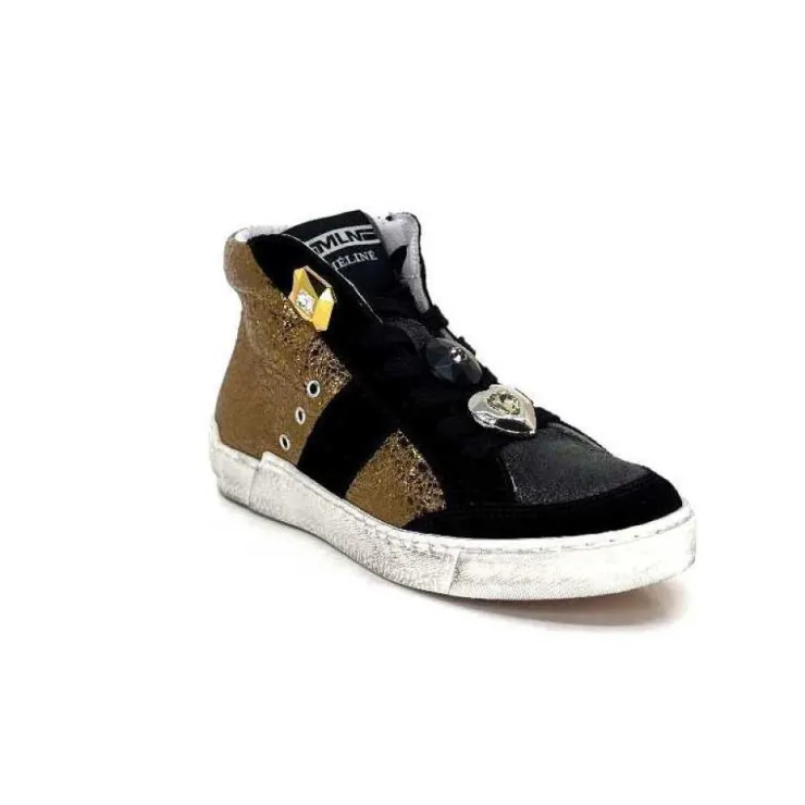 Méliné Meline Nkc 1151 Cuir Dore Et Daim Noir*Femme Baskets