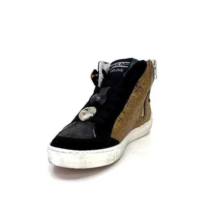 Méliné Meline Nkc 1151 Cuir Dore Et Daim Noir*Femme Baskets