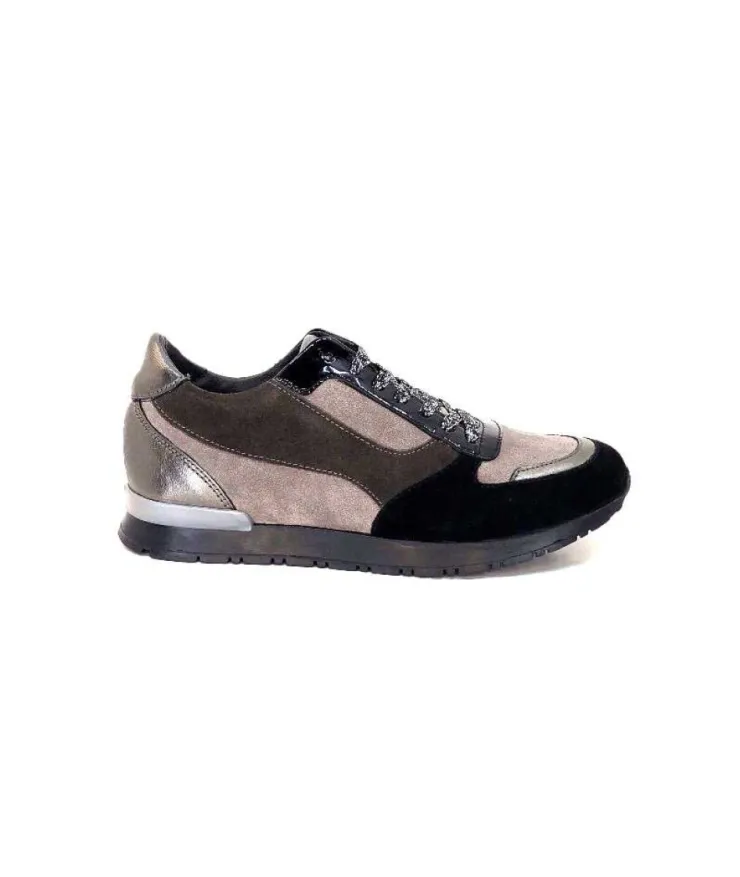 Requin Reqins Electra Mix Daim Noir, Gris Cuir Acier & Cuir Vernis Noir*Femme Baskets