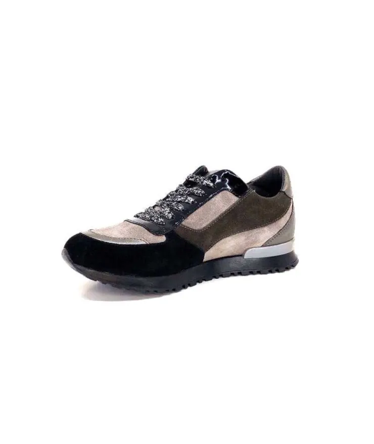 Requin Reqins Electra Mix Daim Noir, Gris Cuir Acier & Cuir Vernis Noir*Femme Baskets
