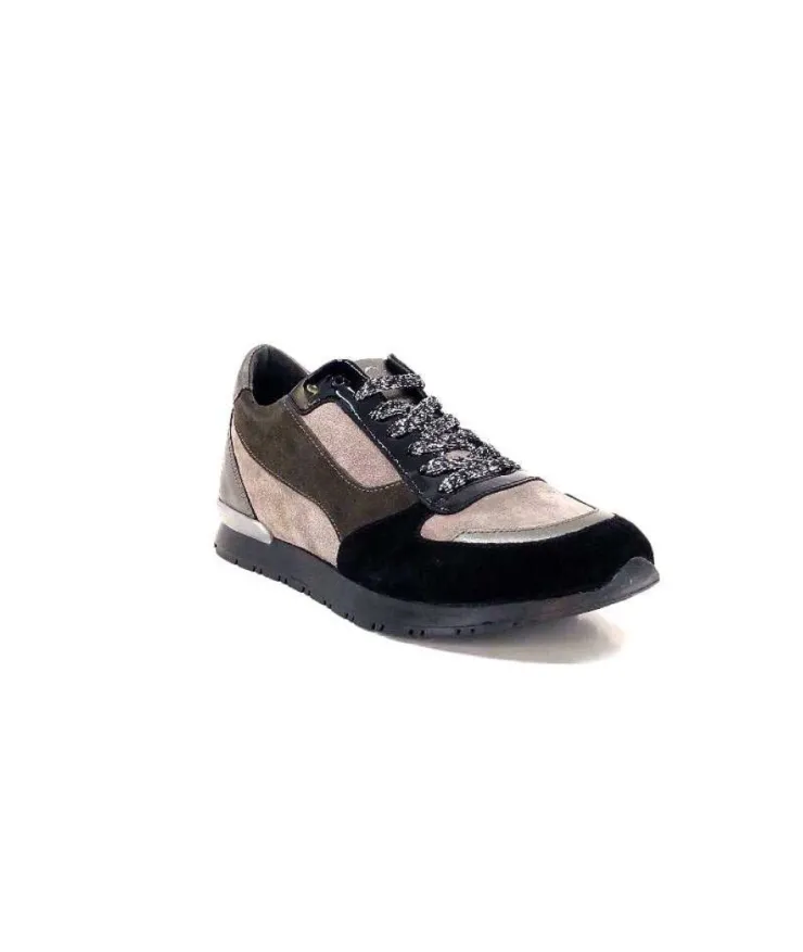 Requin Reqins Electra Mix Daim Noir, Gris Cuir Acier & Cuir Vernis Noir*Femme Baskets