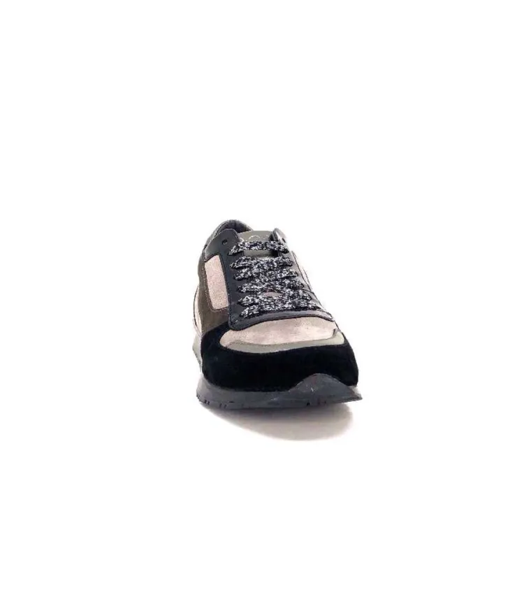 Requin Reqins Electra Mix Daim Noir, Gris Cuir Acier & Cuir Vernis Noir*Femme Baskets