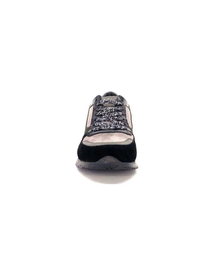 Requin Reqins Electra Mix Daim Noir, Gris Cuir Acier & Cuir Vernis Noir*Femme Baskets
