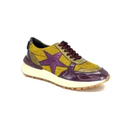 Requin Reqins Urania Mix Cuir Violet Textile Moutarde*Femme Baskets