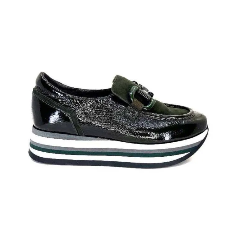 Softwaves 7.78.61 Cuir Vernis Et Daim Kaki*Femme Mocassins