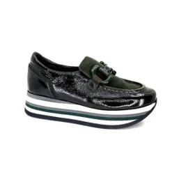Softwaves 7.78.61 Cuir Vernis Et Daim Kaki*Femme Mocassins