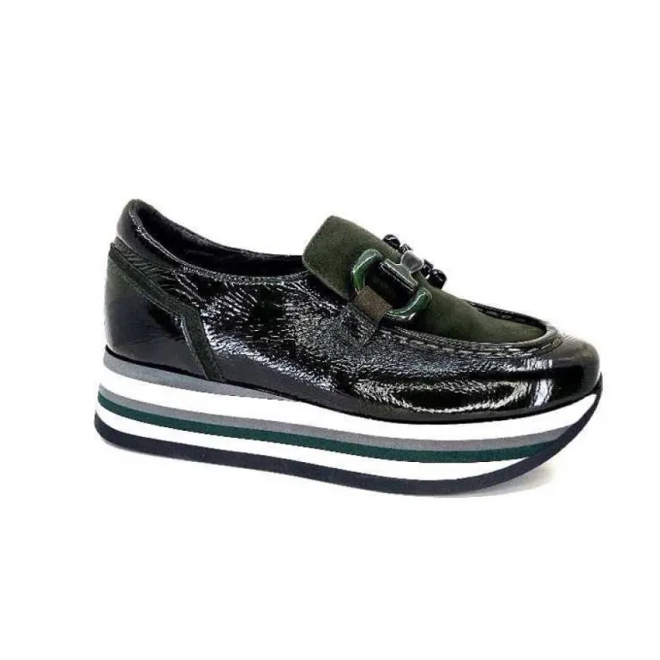 Softwaves 7.78.61 Cuir Vernis Et Daim Kaki*Femme Mocassins