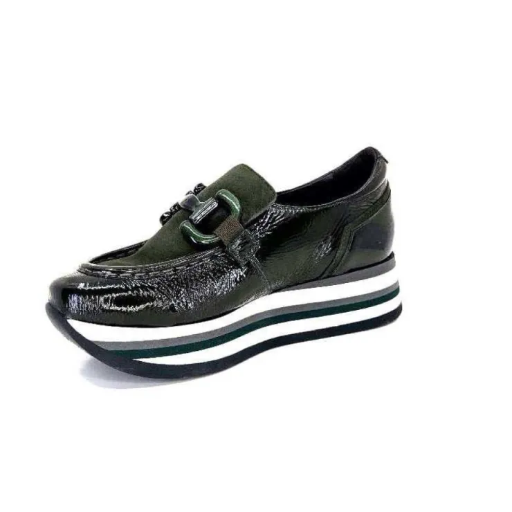 Softwaves 7.78.61 Cuir Vernis Et Daim Kaki*Femme Mocassins