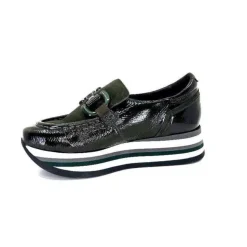 Softwaves 7.78.61 Cuir Vernis Et Daim Kaki*Femme Mocassins