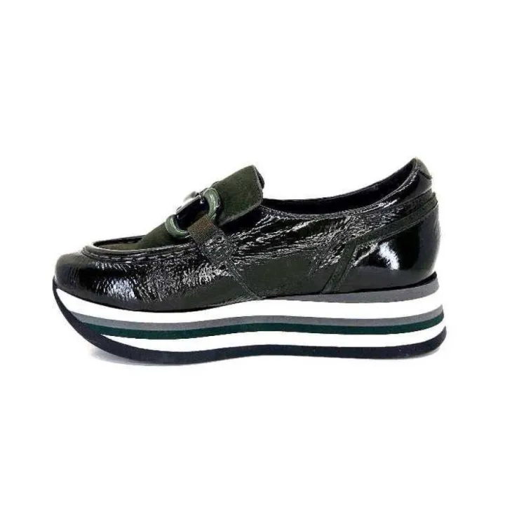 Softwaves 7.78.61 Cuir Vernis Et Daim Kaki*Femme Mocassins
