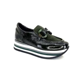 Softwaves 7.78.61 Cuir Vernis Et Daim Kaki*Femme Mocassins