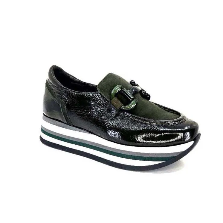 Softwaves 7.78.61 Cuir Vernis Et Daim Kaki*Femme Mocassins