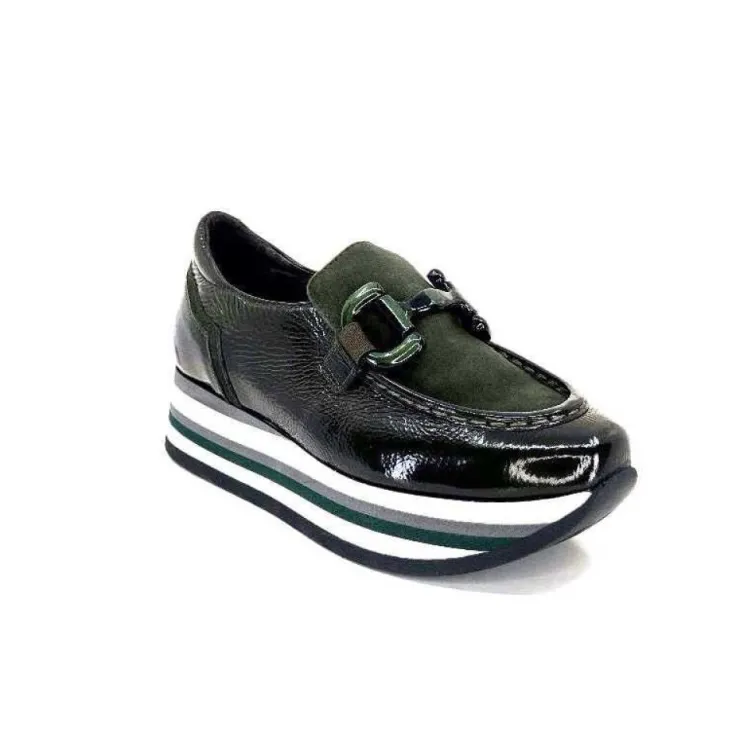 Softwaves 7.78.61 Cuir Vernis Et Daim Kaki*Femme Mocassins