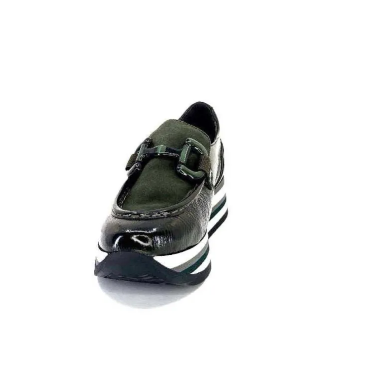 Softwaves 7.78.61 Cuir Vernis Et Daim Kaki*Femme Mocassins