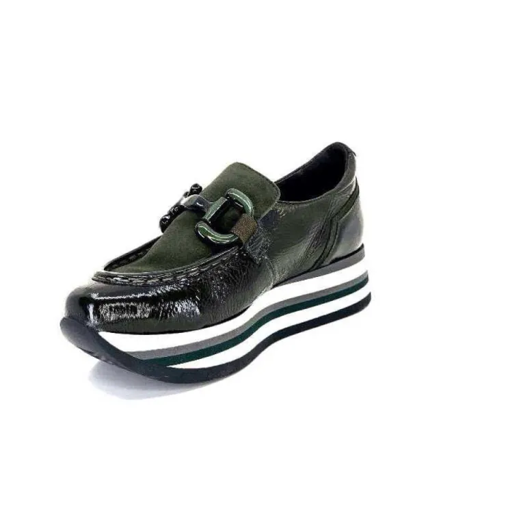 Softwaves 7.78.61 Cuir Vernis Et Daim Kaki*Femme Mocassins