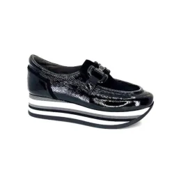 Softwaves 7.78.61 Cuir Vernis Et Daim Noir*Femme Mocassins