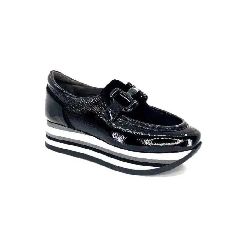 Softwaves 7.78.61 Cuir Vernis Et Daim Noir*Femme Mocassins