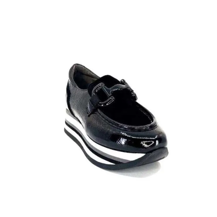 Softwaves 7.78.61 Cuir Vernis Et Daim Noir*Femme Mocassins